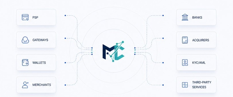 MiraCore integration architecture: PSP, Gateways, Wallets, Merchants, Banks, Acquirers, KYC/AML, Third-party Services